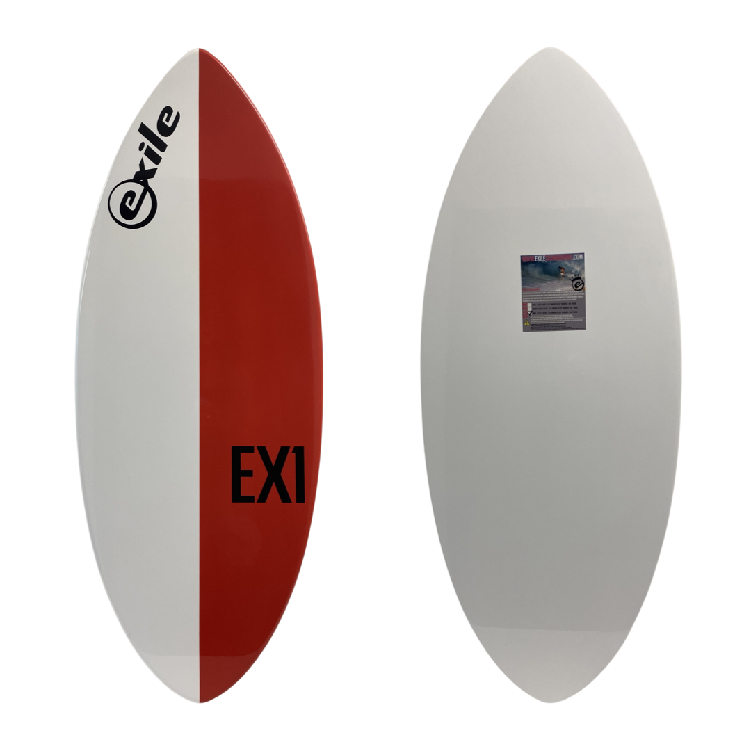EX1 E-Glass Epoxy Skimboard - White & Red 50/50 | Exile Skimboards EX1 E-Glass Epoxy Skimboard - White & Red 50/50 | Exile Skimboards
